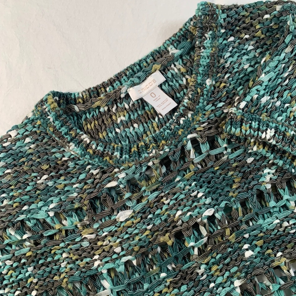 Chico's Women's Size 0 (US S) Green Open Knit Short Sleeve Sweater 1S203942